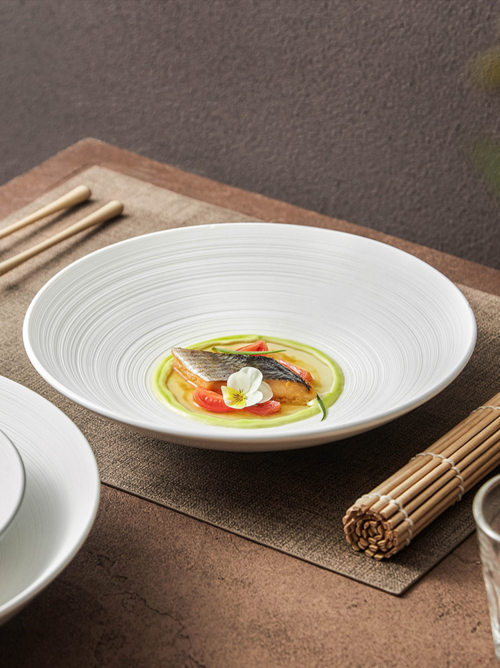 Ripple-Texture Wide-Rim Ceramic Bowl – Fine Dining Serving Bowl |
