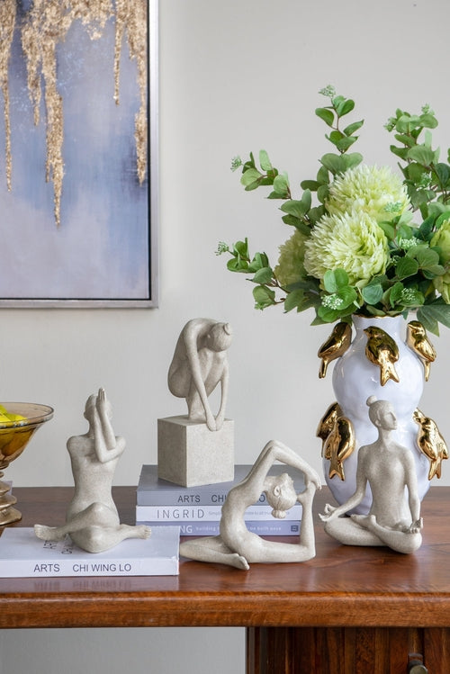 8.5x4.5x7' Beige Resin and Stone Yoga Figurine in King Pigeon Pose